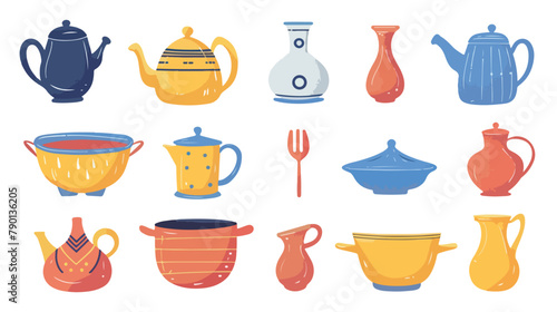 Handmade pottery flat vector illustration. Clean dinn