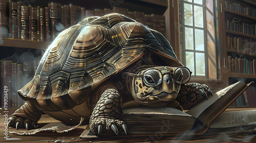 A turtle donning a wise pair of glasses and clutching an old book. with its shell glistening