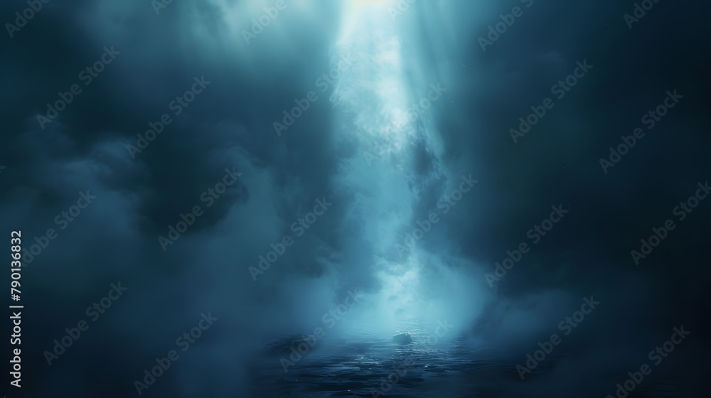 A vast cone with indigo light shining from it. against a black scene A vast cone with indigo light shining from it. against a black scene