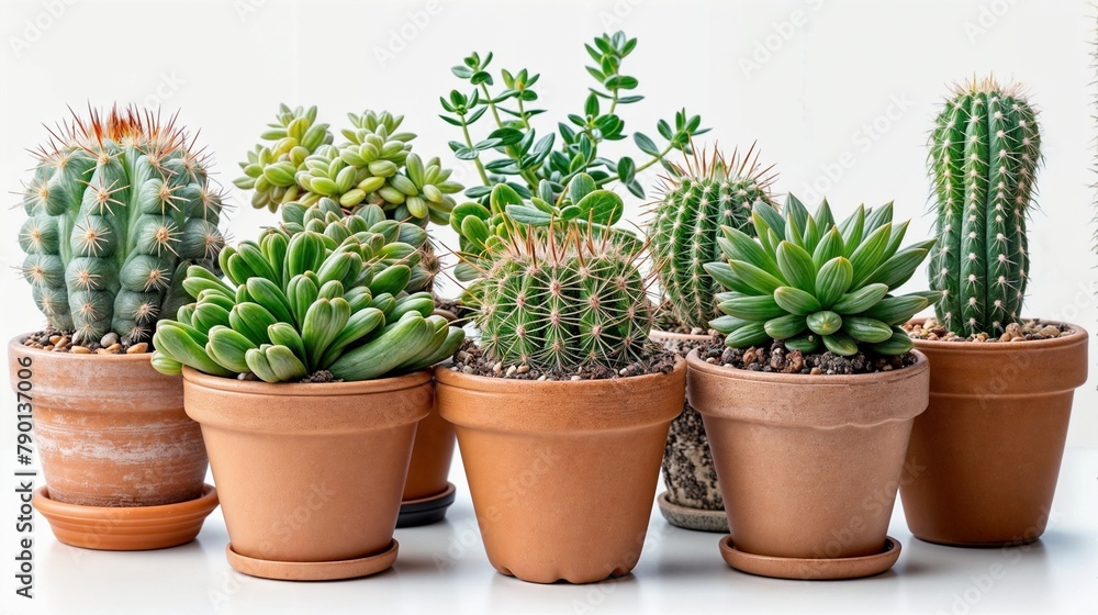 A collection of succulents and cacti in clay pots against a white background A collection of succulents and cacti in clay pots against a white background