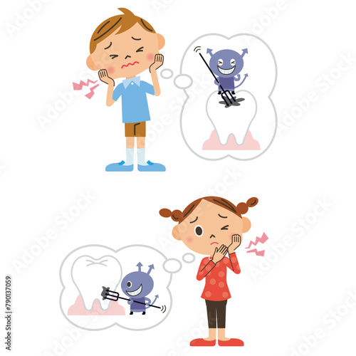 虫歯になった男の子と女の子のイラスト