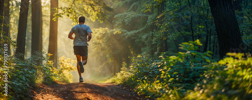 homme qui fait du jogging dans la forêt pendant l'été