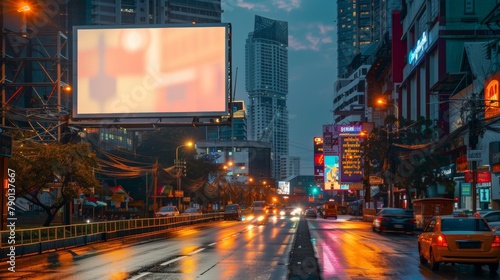This is an empty billboard on one of Thailand's streets. It has a copy space for your text or other content on it. This is a mockup of a blank billboard in a big city in the evening. It will be the © Антон Сальников