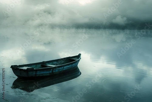 a small boat floating on top of a lake under a cloudy sky