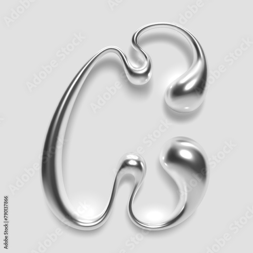 3D melted liquid metal letter C, English alphabet, with glossy reflective surface, abstract fluid droplet shape, silver chrome gradient. Isolated vector letter for modern Y2K font design