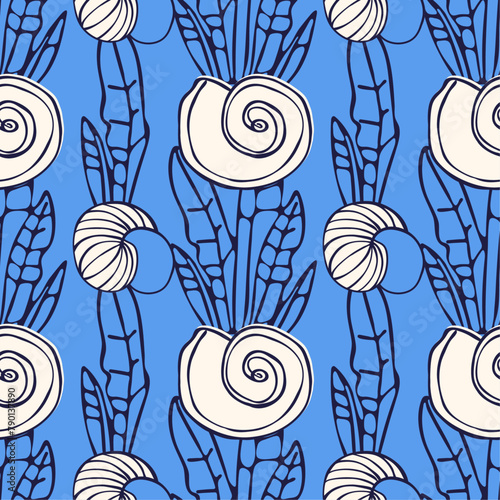 Seamless pattern with seashells and algae on a blue background.