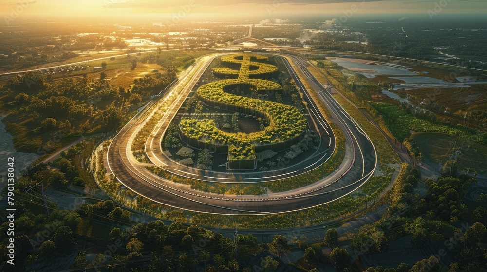 Bird's eye view of a racetrack in the shape of a dollar sign, fast track to financial success.