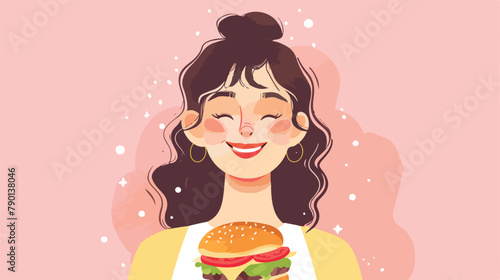 Pink background woman with hamburger enjoyment smile.