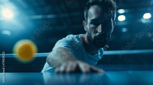 Photo of a ping pong player playing table tennis close-up. Ping pong banner. Tennis racket packaging design. Title image for a tennis ball box. photo