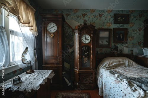 a room with a bed and a grandfather clock