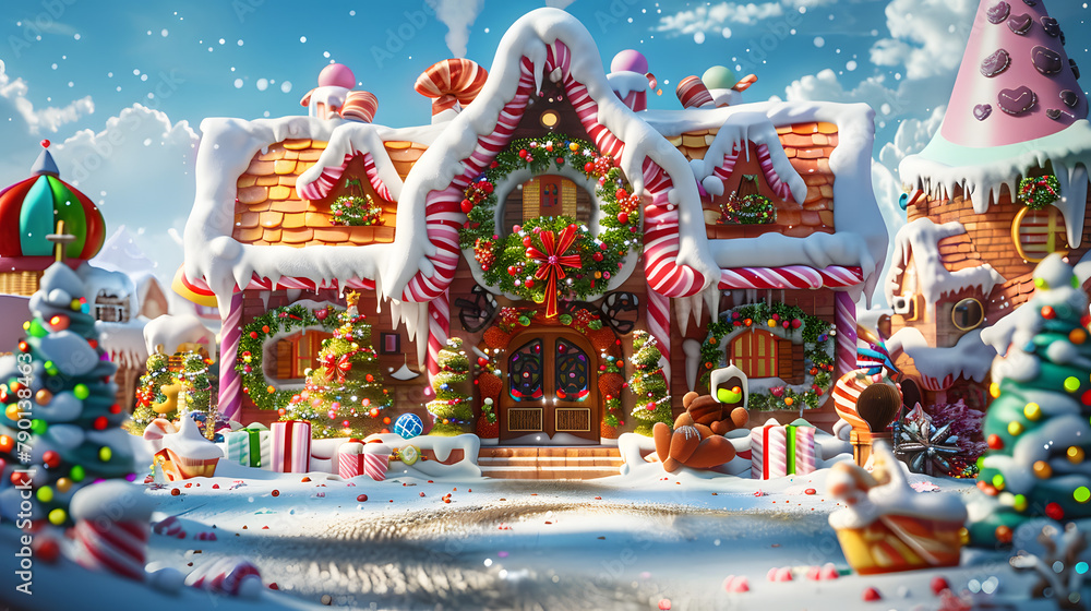 A whimsical Christmas-themed candy factory. decorated with festive decorations and colorful candies
