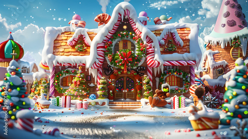 A whimsical Christmas-themed candy factory. decorated with festive decorations and colorful candies