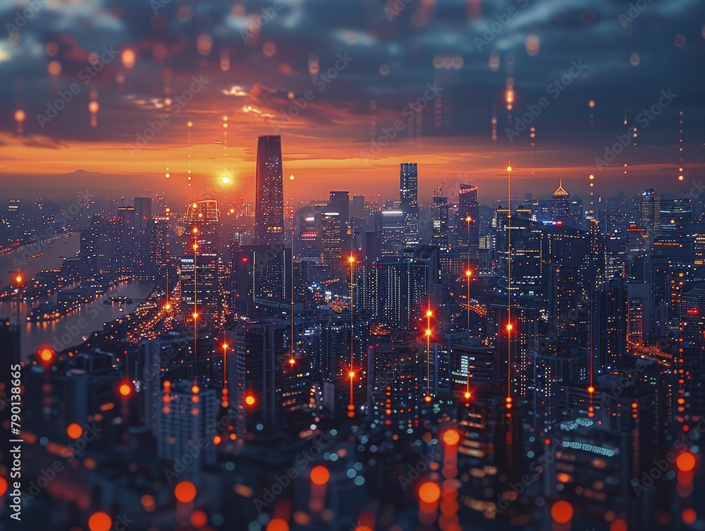 The city skyline at dusk transforms into a canvas of data, showcasing market trends and urban economic growth through dynamic line graphs. The city skyline at dusk transforms into a canvas of data, showcasing market trends and urban economic growth through dynamic line graphs.