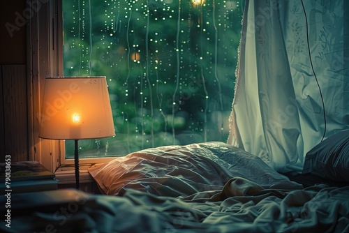 a lamp sitting on a bed next to a window