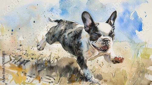 Watercolor painting of a french bulldog puppy in a yard