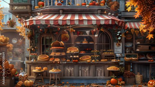 A whimsical Thanksgiving-themed pie shop. adorned with autumnal decorations and a variety of pies photo