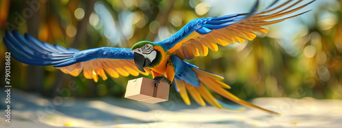 parrot with box delivery concept photo