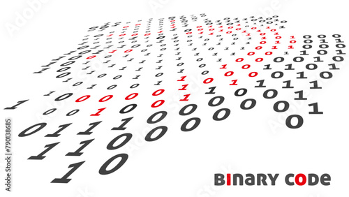 Perspective binary code object by red and black ones and zeros