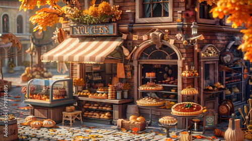 A whimsical Thanksgiving-themed pie shop. adorned with autumnal decorations and a variety of pies