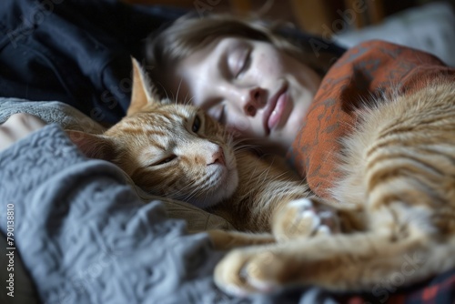 a woman laying in bed with a cat