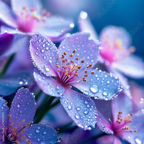 Beautiful pink flowers with dew drops on a blue background.