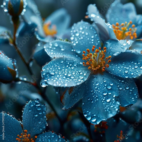 Close up of a blue japanese anemone flower with water drops of dew