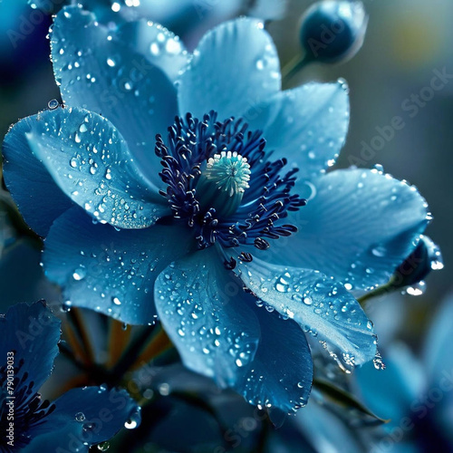 Close up of a blue japanese anemone flower with water drops of dew