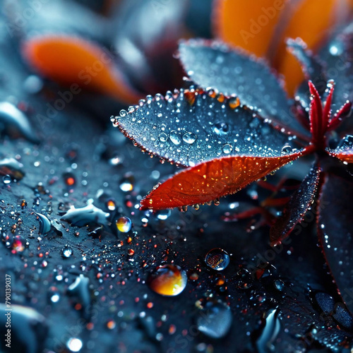 Macro closeup of beautiful fresh water drops on red and orange leaves