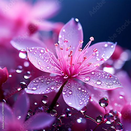 beautiful pink flowers with drops of water on a dark blue background