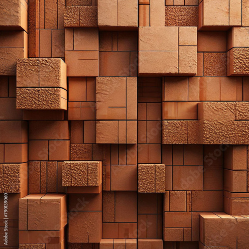 Wall made of bricks in orange and brown colors, brick wall background in a square tile pattern