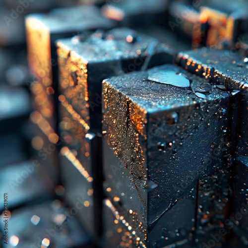 Abstract background of metal blocks with drops of water. Shallow depth of field