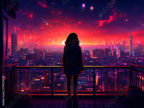 Lofi girl standing at balcony looking at city night lights, bedroom with neon accents, Generative AI photo