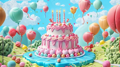 birthday cake with balloons and candles background
