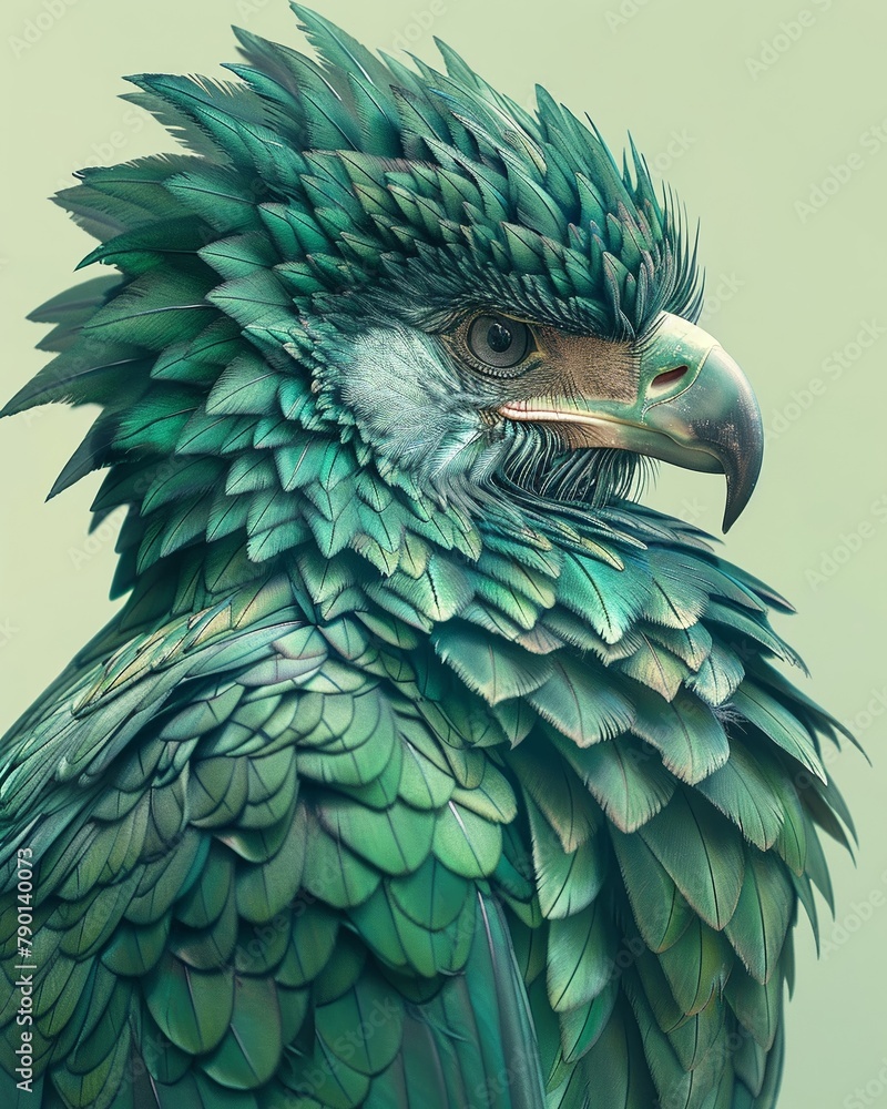 Fototapeta premium A majestic Thunderbird and Eagle hybrid, with vibrant feathers of emerald green and sapphire blue against a light mint backdrop , professional color grading