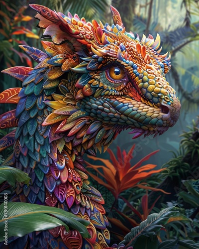 A fantastical creature reminiscent of Cerberus and Chimera, blending seamlessly into the colorful tapestry of the rainforest , unique hyper-realistic illustrations
