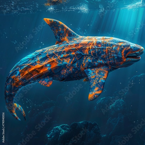 A majestic LeviathanShark fusion with vibrant orange and blue scales, gliding through the ocean depths , professional color grading