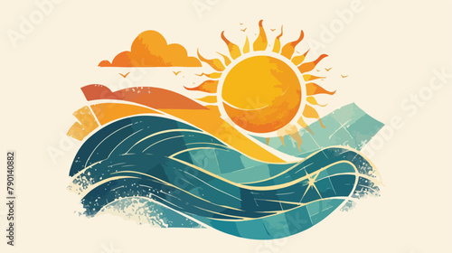 Abstract sun and waves thin lines logo vector 2d fl