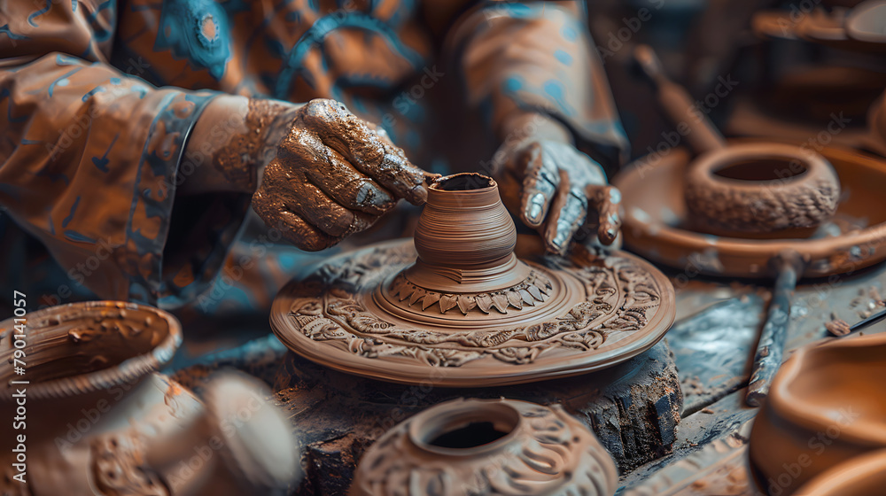 A zoomed-in shot of a potter s hands molding elaborate shapes from clay ...