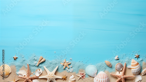 starfishes and shell on the beach with light blue background