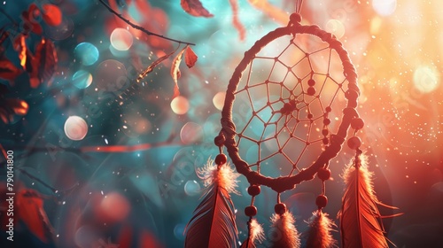 Behold the stunning dream catcher adorned with delicate feathers an emblem of beauty and dreams photo