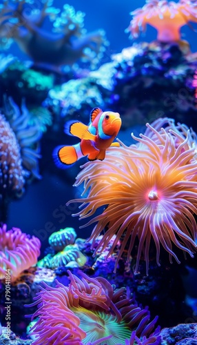 Clown fish swimming gracefully amidst anemones in underwater reef background. beauty of ocean