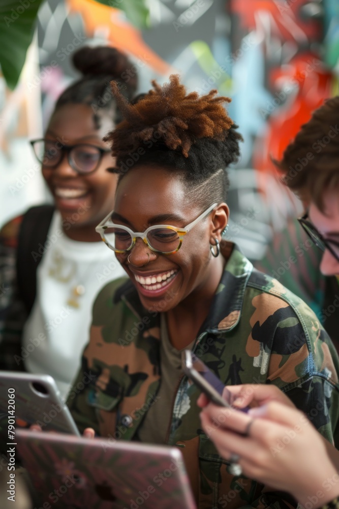 Fototapeta premium Connection among happy young individuals from various backgrounds, each holding a phone