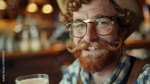A man with a mustache and glasses is sitting at a bar with a glass of beer