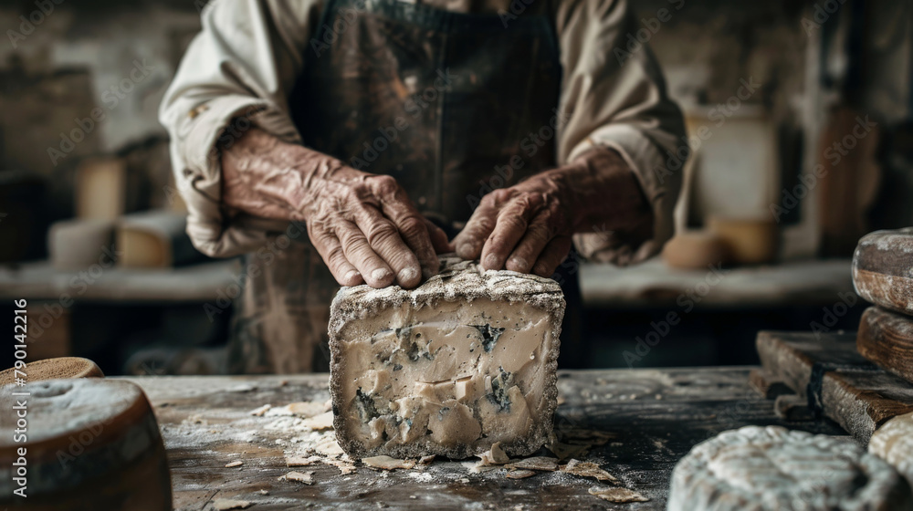 A man is making cheese on a wooden board