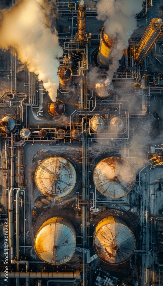 top view of an industrial petroleum station against a beautiful sky. gas and oil refinery tanks top view of an industrial petroleum station against a beautiful sky. gas and oil refinery tanks