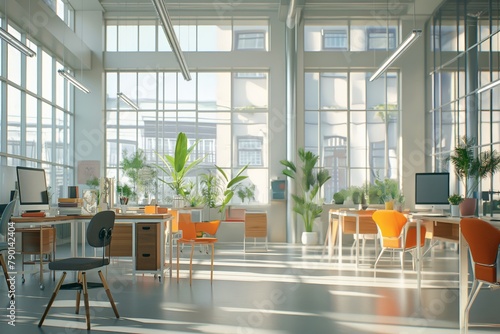 A coworking place with a beautiful view, windows, workers, photo