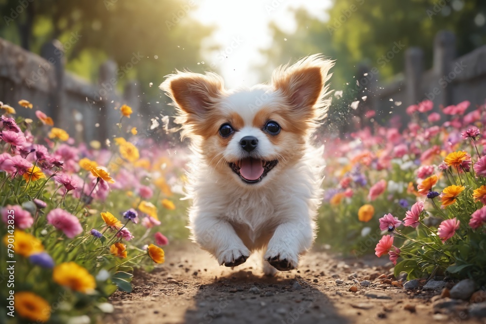 Dog's Day Out: Exuberant Pup Explores a Sunlit Floral Paradise Dog's Day Out: Exuberant Pup Explores a Sunlit Floral Paradise