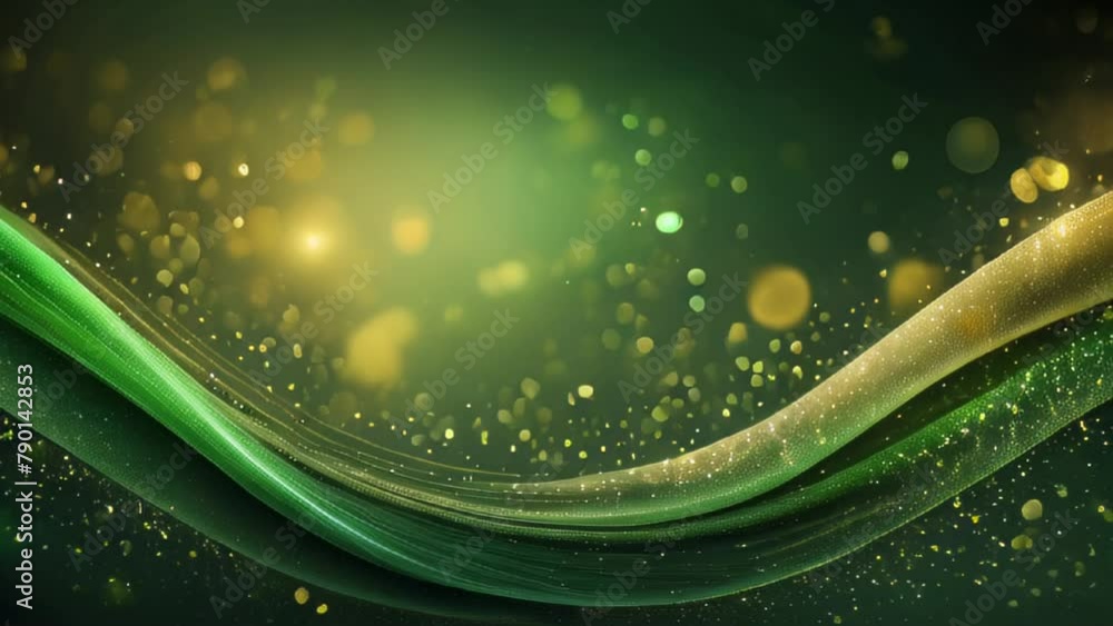 Abstract green background with waves and golden particles