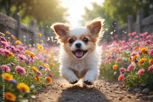 Dog's Day Out: Exuberant Pup Explores a Sunlit Floral Paradise photo
