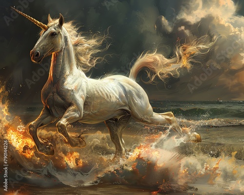Illustrate a breaking news scene with a unicorn in traditional oil painting with unexpected camera angles, immersing viewers in the mythical creatures allure